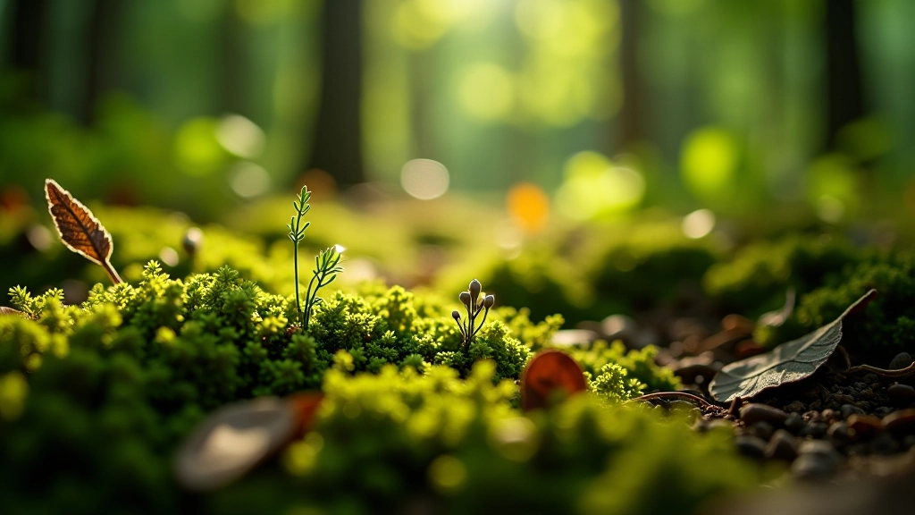 Close-up detail of forest moss and vegetation on ground with dappled light, natural forest floor texture