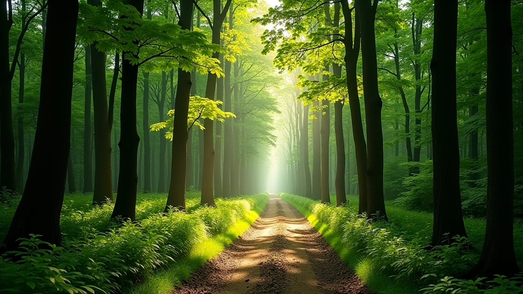 Dense forest with tall trees and dappled sunlight filtering through canopy