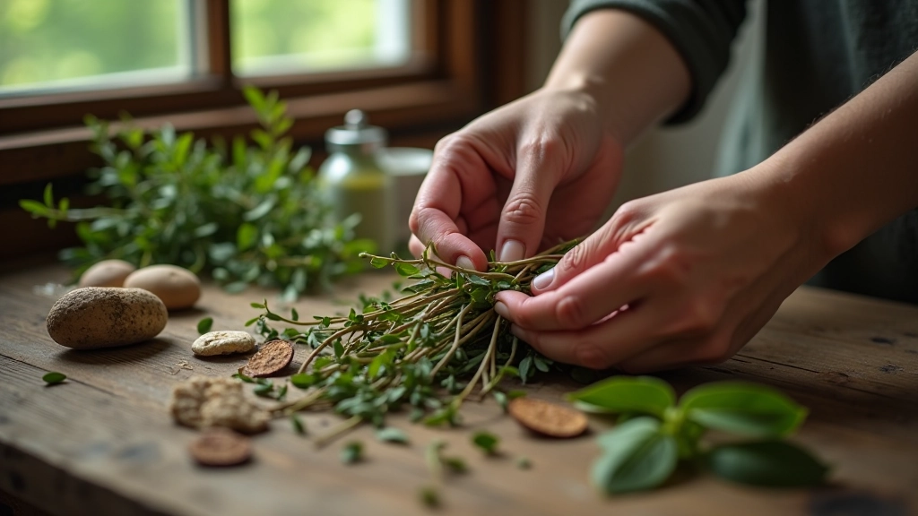 Person preparing birch branches and herbal bundles for traditional pirtis bathing ritual