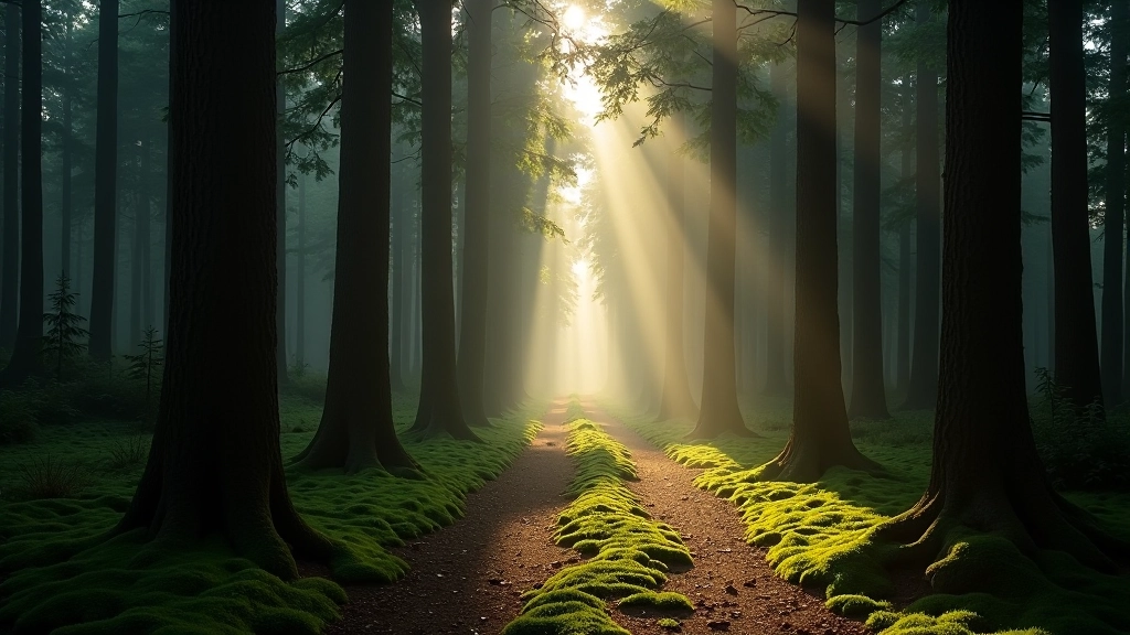 Forest bathing path through ancient pine trees