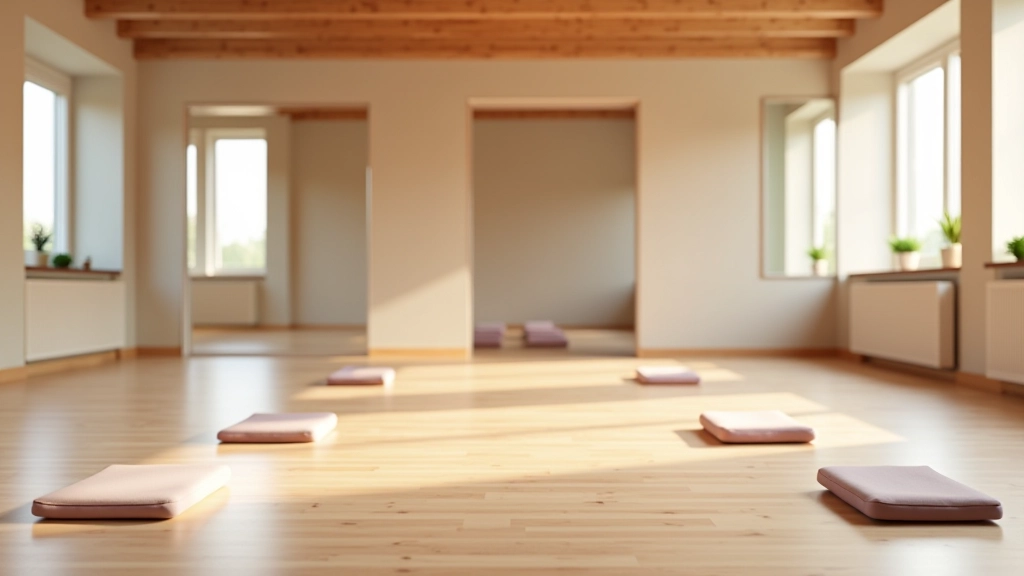 Modern yoga studio interior with wooden floors, mirrors, and meditation cushions arranged on a clean bright space
