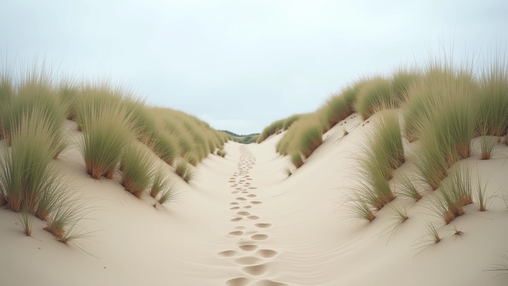 Sand dunes with sparse beach grass under overcast Baltic sky with footprints in sand