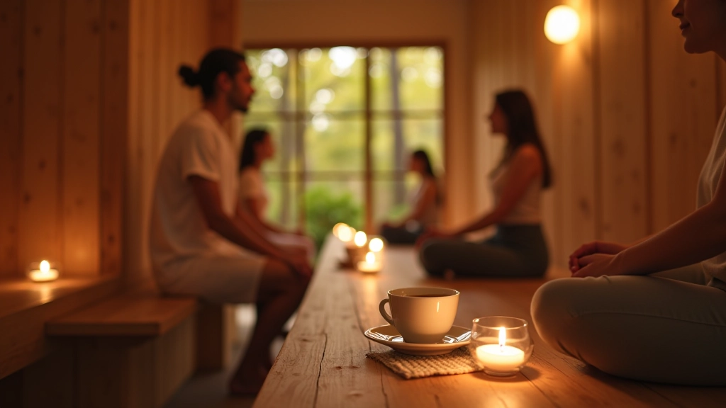 Group of people relaxing in traditional cooling room after pirtis session with herbal tea