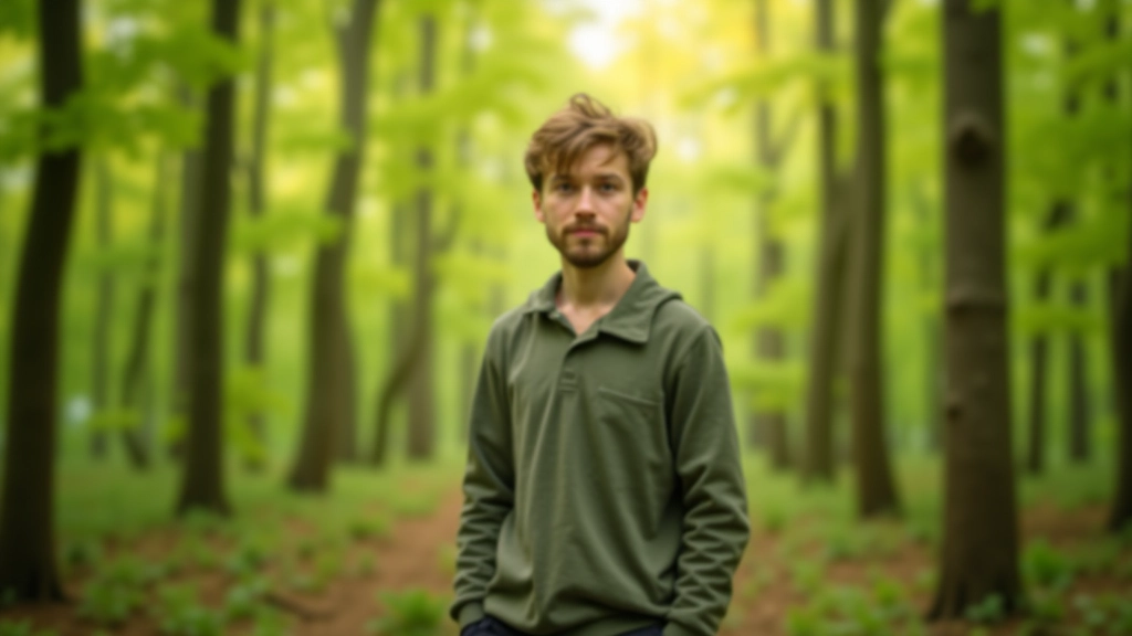 Person standing peacefully among tall forest trees, sunlight filtering through leaves, looking up at canopy