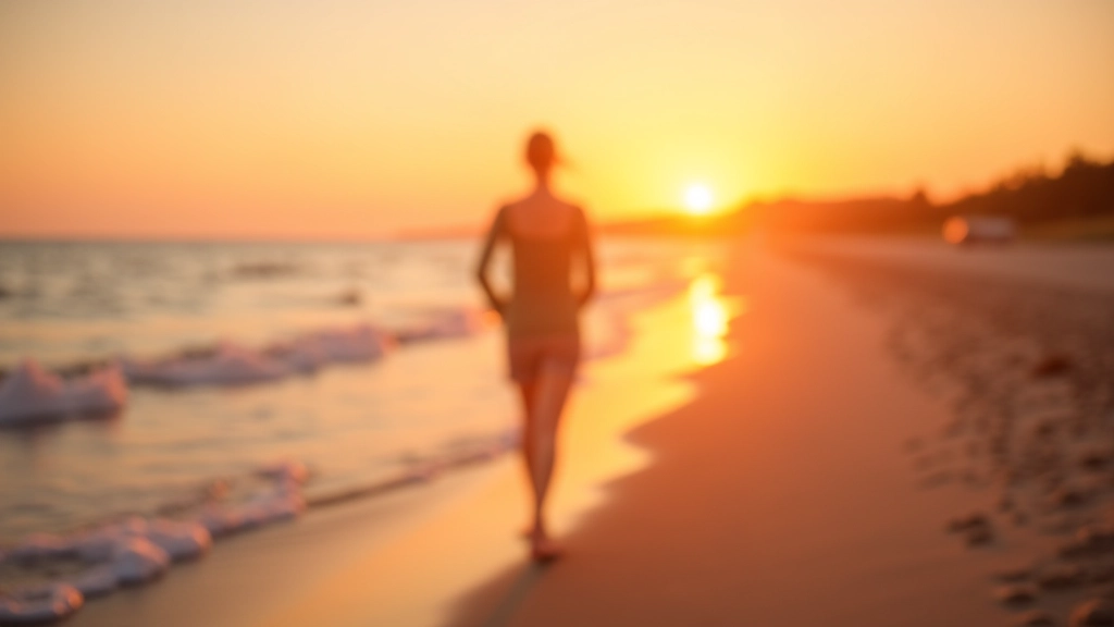 Sandy Baltic beach with person walking along shoreline at sunset with calm waves