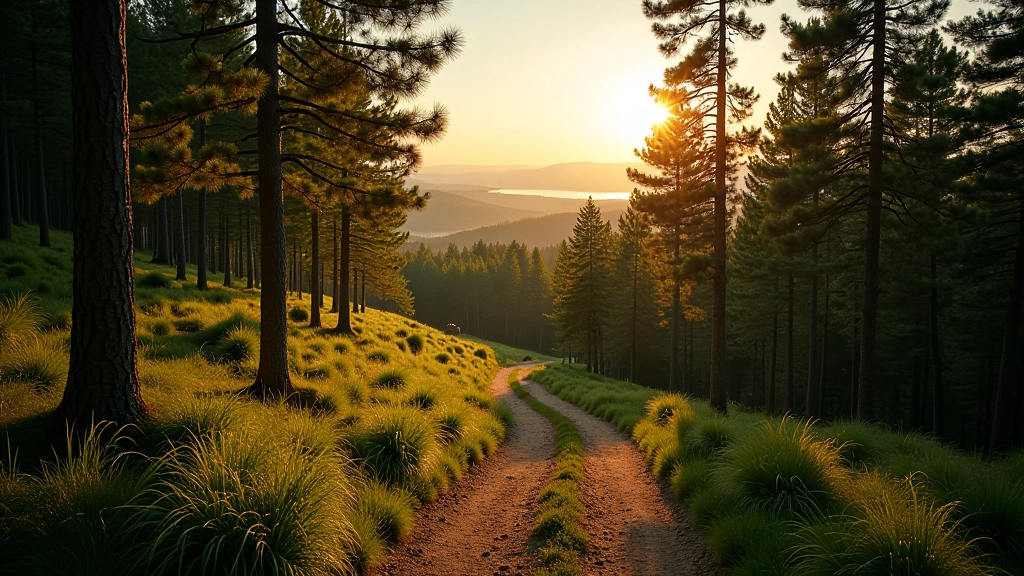 Scenic view of Dzūkija National Park with mixed pine and oak forests, winding forest path, natural landscape