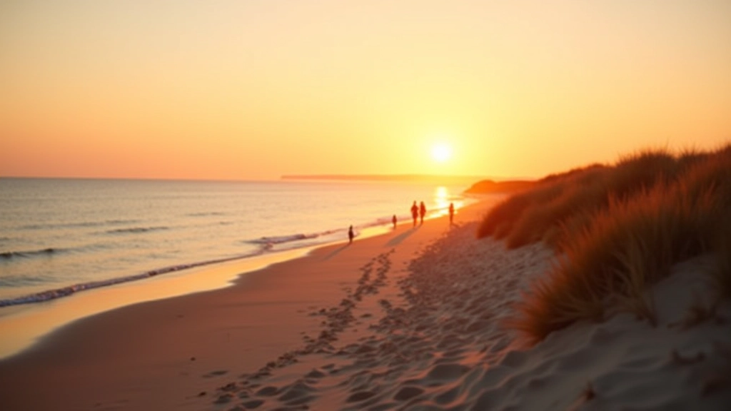 Golden sunset over Baltic Sea with beach walkers