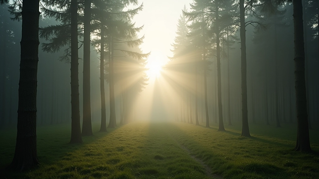 Serene Lithuanian forest landscape with morning mist, peaceful nature setting, soft natural lighting