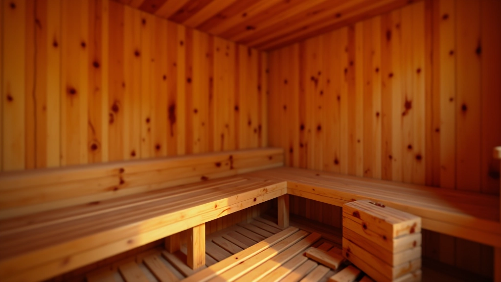 Interior of traditional pirtis showing wooden benches and traditional heating setup with natural lighting
