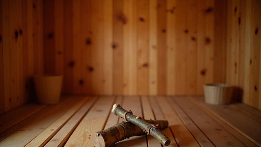 Traditional Lithuanian wooden sauna interior with birch branches, authentic pirtis bathhouse setting, warm atmospheric lighting