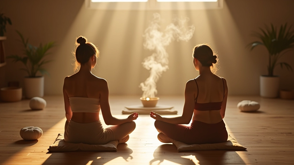 Meditation group sitting in circle on cushions in peaceful studio space with incense and candles