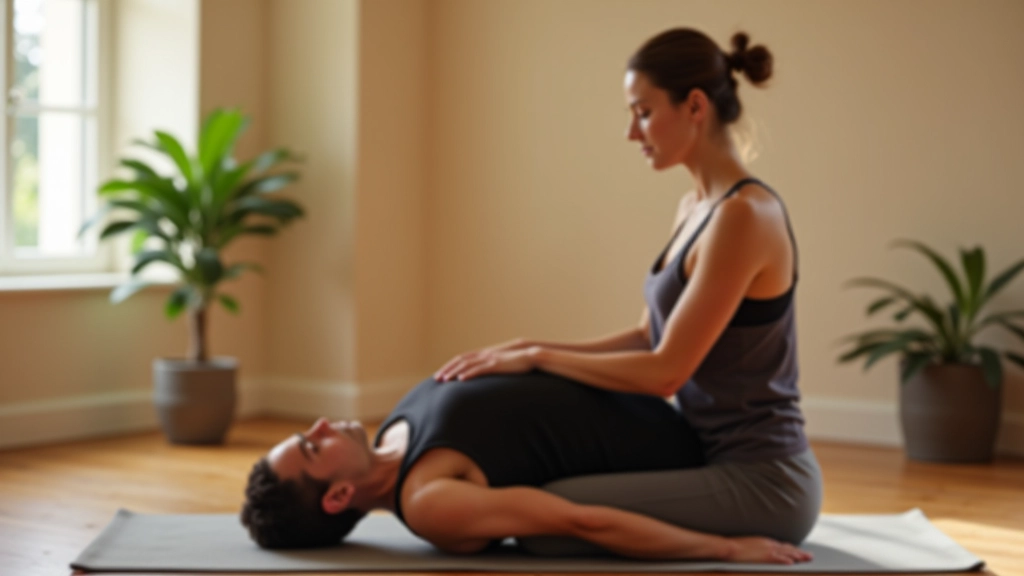 Close-up of instructor adjusting student's shoulder position in yoga pose, showing proper alignment technique in studio
